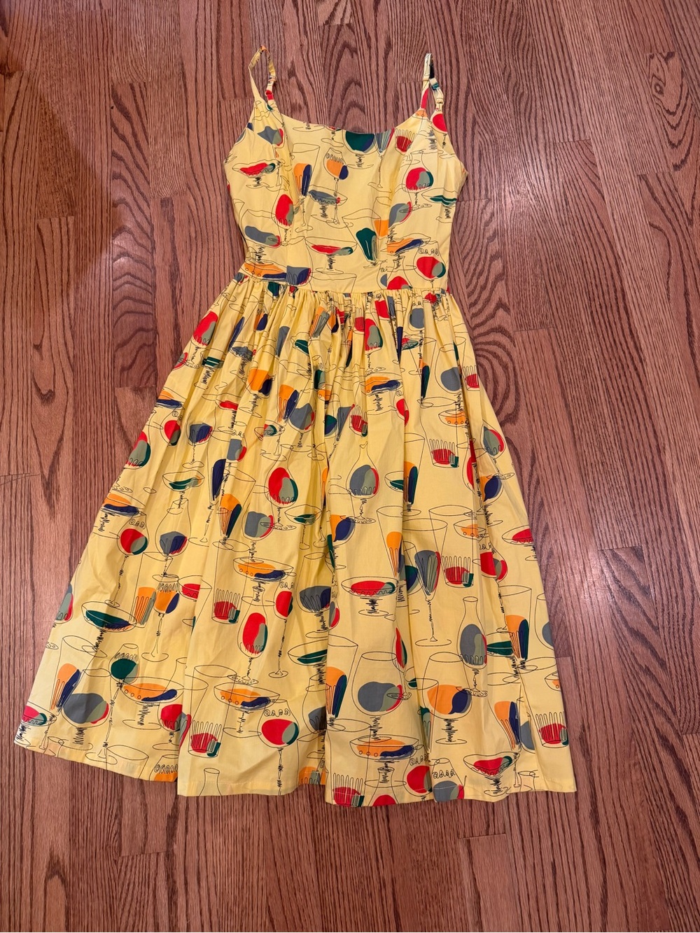 Bettie Page Yellow Cocktail Print Sundress with Red, Green & Blue Accents